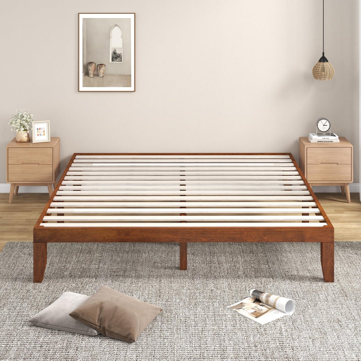 KOMFOTT 14-Inch Solid Rubber Wood King Size Platform Bed Frame - Brown Cherry - WoodArtSupply