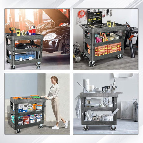 AQNIEGEP 3 Shelf Utility Cart Heavy Duty Rolling Cart with Brake Wheels Storage Service Cart w/Deep Shelves for Warehouse Workshop Cleaning Office Restaurant Commercial Moving 600lbs Capacity Black AQNIEGEP