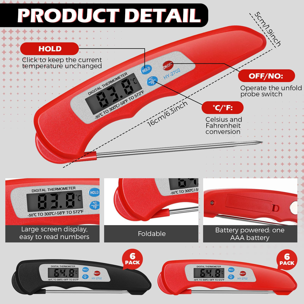Xuhal 12 Pcs Digital Meat Thermometer with Probe Waterproof Instant Read Foldable Food Thermometer with Magnet for Kitchen Grilling Cooking Turkey Baking BBQ(Black, Red) Xuhal