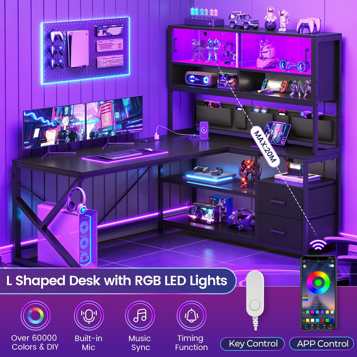SEDETA L Shaped Gaming Desk, Home Office Computer Desk with 2 Drawer and Bookshelf, L Shaped Gaming Desk with LED Light, Glass Cabinet and Storage Bag, Corner Desk with Storage Shelves, Black SEDETA