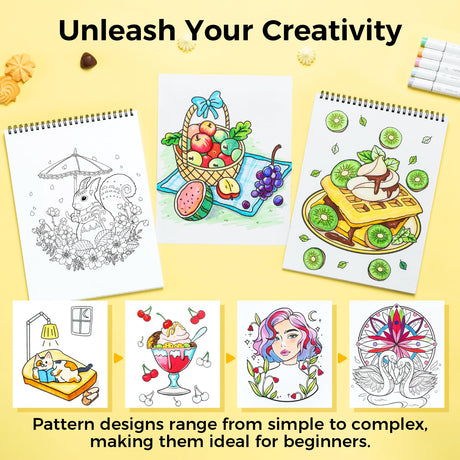 Ohuhu Double-Sided Bleedproof Coloring Book for Alcohol Markers - 4 Sets of 8"x10" Coloring Books - 160 Stress-Relieving Animal Mandala Flower Dessert Portrait Designs for Adults and Teens Ohuhu