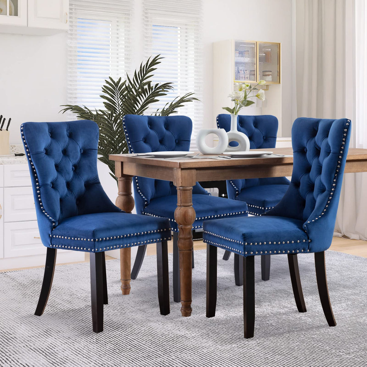 SoarFlash Velvet Dining Chairs Set of 2, Tall Back Side Chair, Modern Upholstered High-end Tufted Side Chair with Button Back Ring, Solid Wood Legs (Blue) SoarFlash