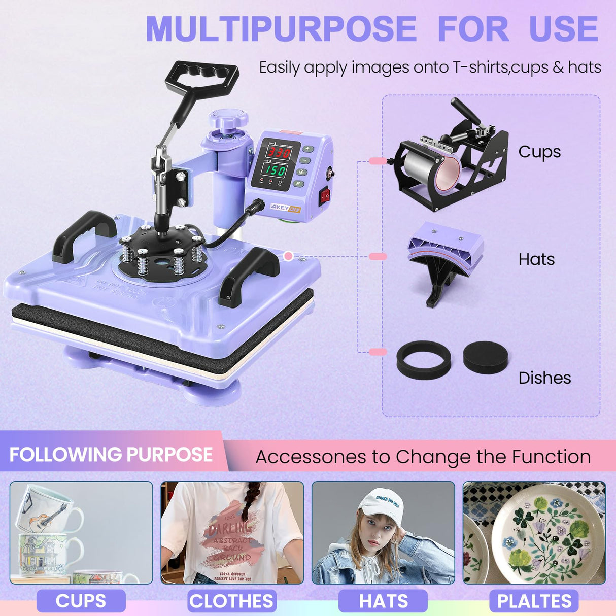 AKEYDIY Upgraded 5 in 1 Heat Press Machine for Tshirts 12X15 Inch, 360° Swing Away Shirt Press Machine for Sublimation, Multifunctional Heat Transfer Machine Combo for Shirts (Purple-5 in 1) AKEYDIY