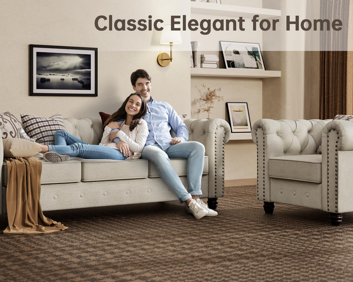 Morden Fort Sofa Set, Chenille Beige, 82''W x 34.5''D x 30''H, Chesterfield Style, Tool-Free Assemble, Pet-Friendly, 1430LBS Weight Capacity Morden Fort