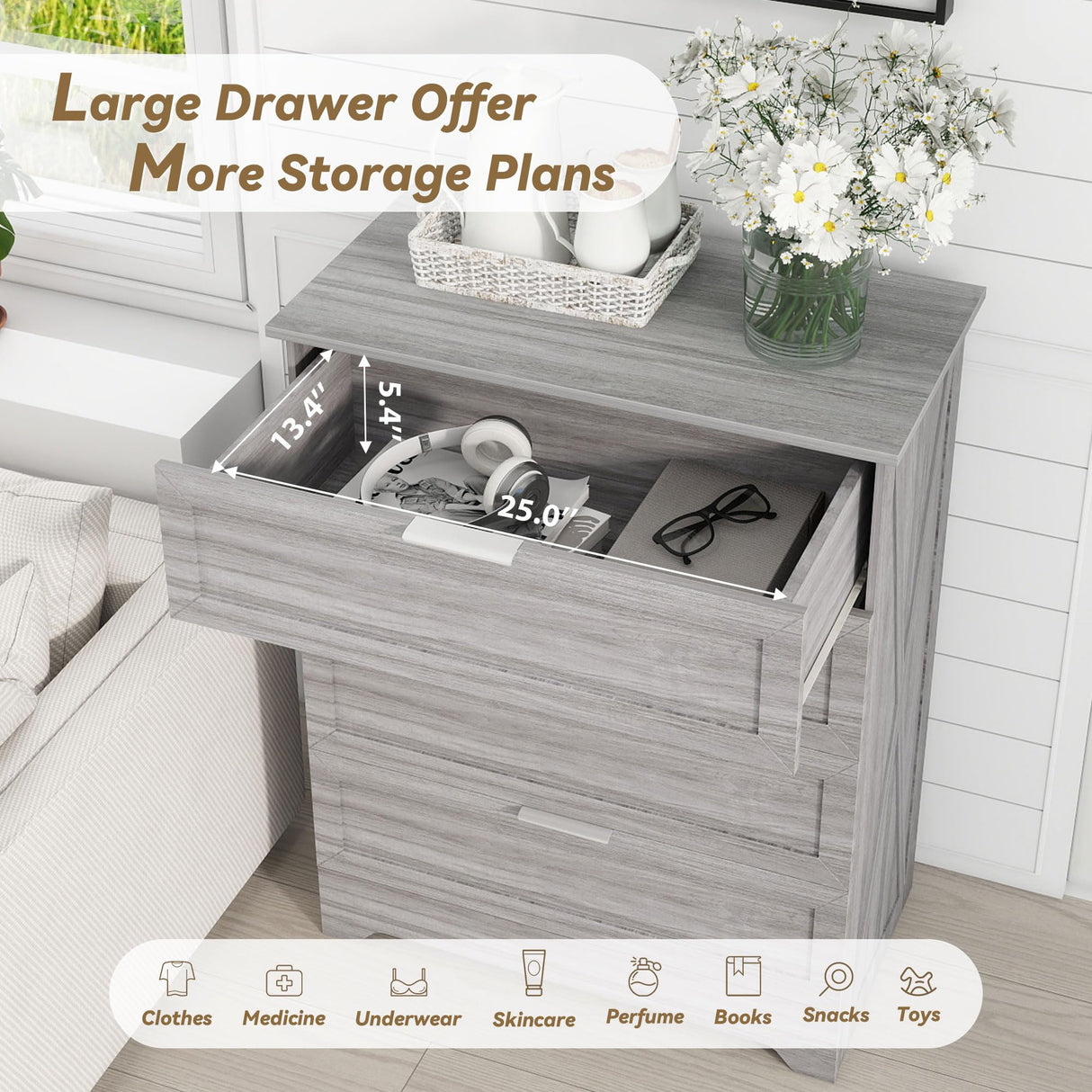 FTZxHKLX Farmhouse 4 Drawer Dresser for Bedroom, Tall Bedroom Dresser with Large Drawer & Silver Handles, Wooden Storage Organizer Cabinet Chest of Drawer for Closet, Living Room, Hallway, Wash Grey FTZxHKLX