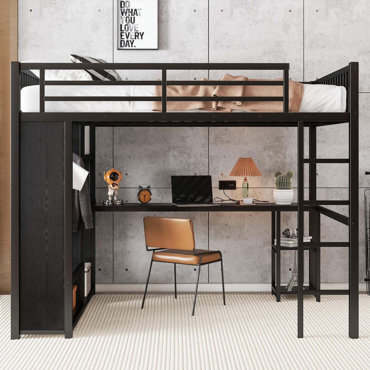 Ball & Cast Queen Size Loft Bed with Desk and Storage Shelves,Metal Loft Bed Frame with Built-in Wardrobe &Full-Length Guardrails,Space Saving Design,Noise Free,Black Ball & Cast