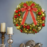 Juegoal 21 Inch Pre-Lit Christmas Wreath with Metal Hanger, Lighted Xmas Folded Wreath with 60 LED Lights, Red Bow and Colorful Balls, Battery Operated & Timer for Outdoor Home Window Wall Front Door Juegoal