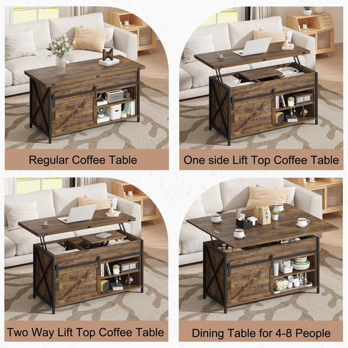 Vividwood Lift Top Coffee Table with Storage and Sliding Door, 4 in 1 Multi-Function Convertible Tea Table with Hidden Compartment, Farmhouse Center Table with Wood Lift Tabletop for Living Room Brown Vividwood