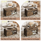 Vividwood Lift Top Coffee Table with Storage and Sliding Door, 4 in 1 Multi-Function Convertible Tea Table with Hidden Compartment, Farmhouse Center Table with Wood Lift Tabletop for Living Room Brown Vividwood