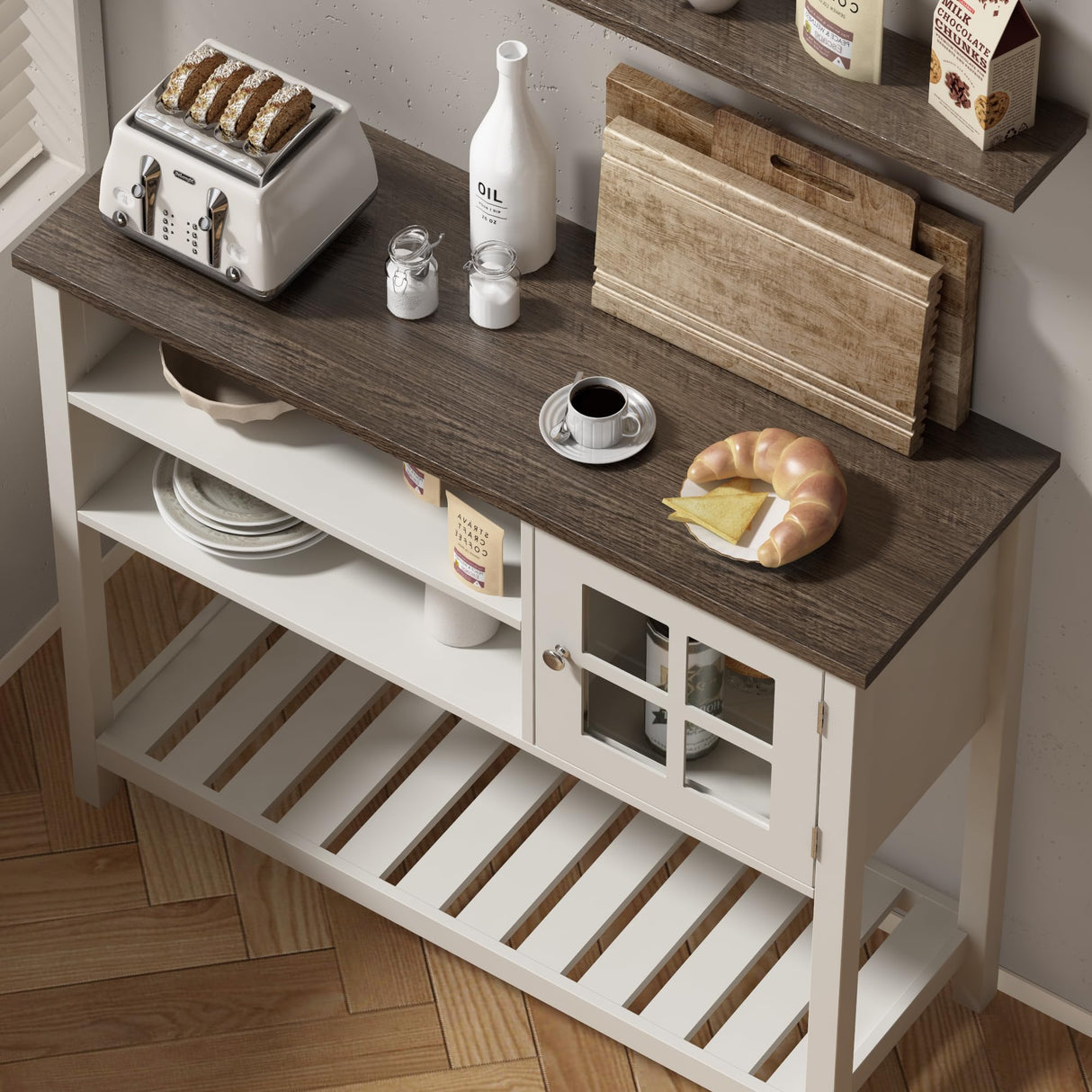 ChooChoo Farmhouse Coffee Bar Cabinet, Buffet Cabinet with Storage, Sideboard Buffet Cabinet with Glass Door, Console Table for Kitchen, Hallway, Entrance, White ChooChoo