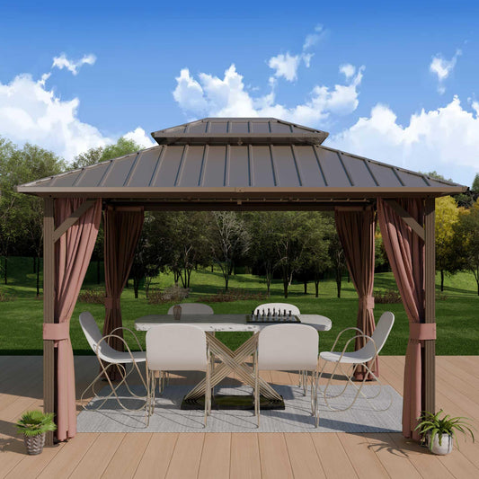 Yardsight 10'x12' Hardtop Gazebo, Outdoor Aluminum Frame Galvanized Steel Double Roof Pavilion with Netting and Shaded Curtains, Permanent Metal Pergolas for Patio, Backyard, Deck and Lawns. - WoodArtSupply