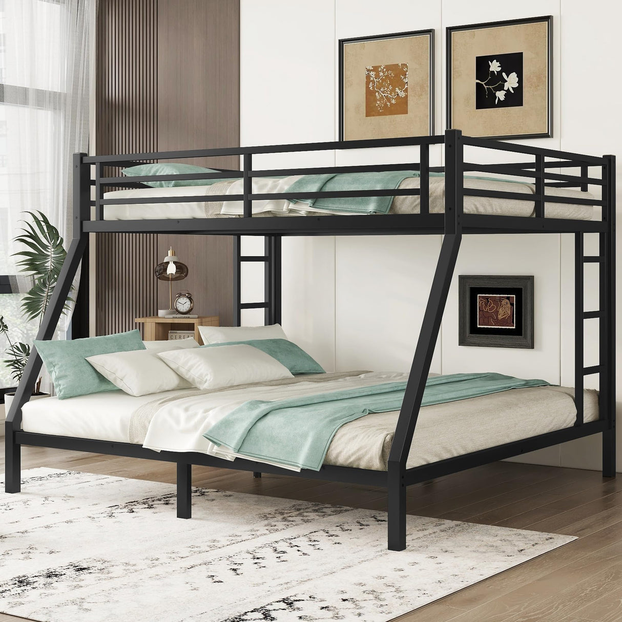 Queen Over King Bunk Bed for Adults, Teens, Queen Over King Bunk Beds with 2 Ladder and Full Length Guardrail, Heavy Buty Bunk Beds with Noise-Reducing Rubber Stoppers, Black Bellemave