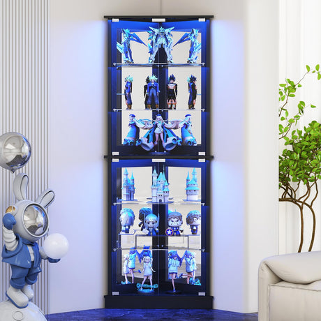 Lamtor 72" Corner Display Cabinet with Glass Doors, 6-Tier Showcase Curio Cabinet for Collectibles with Dynamic LED Lights, Modern Display Case for Living Room, Black Lamtor