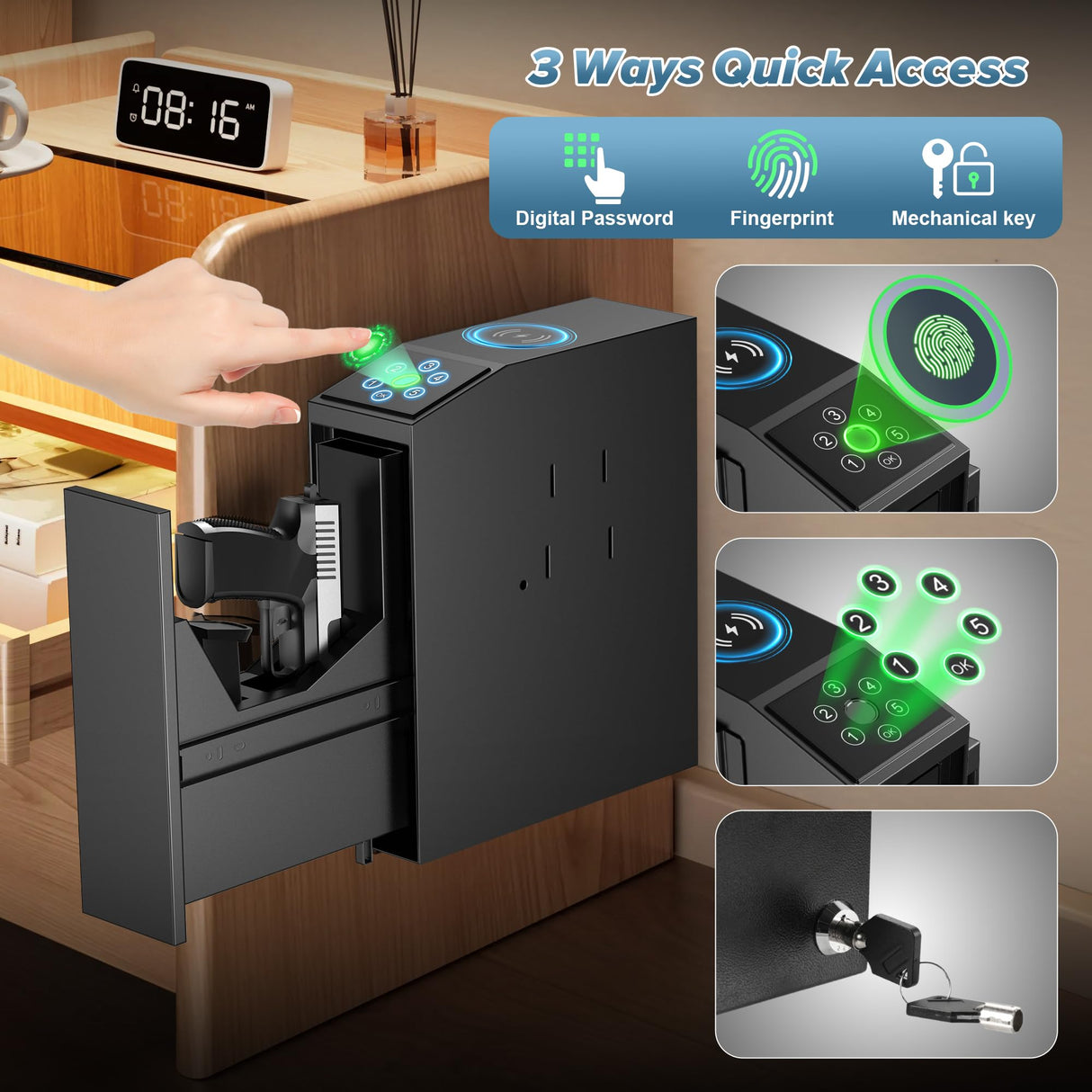 NIANPU Bedside Biometric Gun Safe for Handgun-Quick Access Pistol Safe with Fingerprint,PIN&Key-Sliding Gun Lock Box with Wireless Charging-Mounted Handgun Safe for Nightstand NIANPU