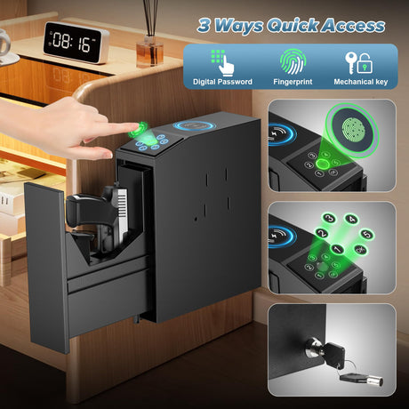 NIANPU Bedside Biometric Gun Safe for Handgun-Quick Access Pistol Safe with Fingerprint,PIN&Key-Sliding Gun Lock Box with Wireless Charging-Mounted Handgun Safe for Nightstand NIANPU