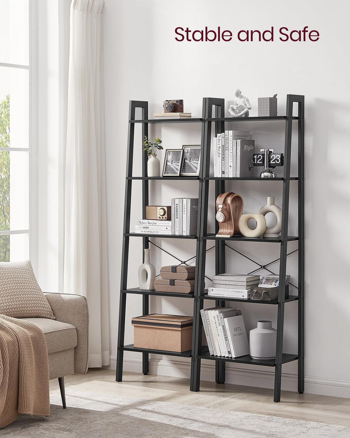 VASAGLE Ladder Shelf, 5-Tier Bookshelf, Storage Rack, Bookcase with Steel Frame, for Living Room, Home Office, Kitchen, Bedroom, Industrial Style, Ebony Black and Black ULLS045B56 VASAGLE