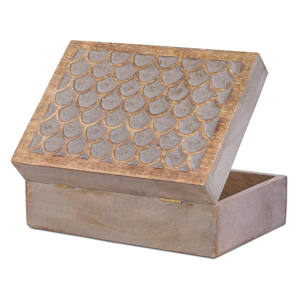 Scallop Wooden Box (Extra Large) - Light Burnt Over Grey Decorative Box w/ Felt Pads Underneath & Wooden Carving - Unique Handmade Mangowood Keepsake Storage Box for Jewelry - 10.5 x 7.5 x 4" Mela Artisans
