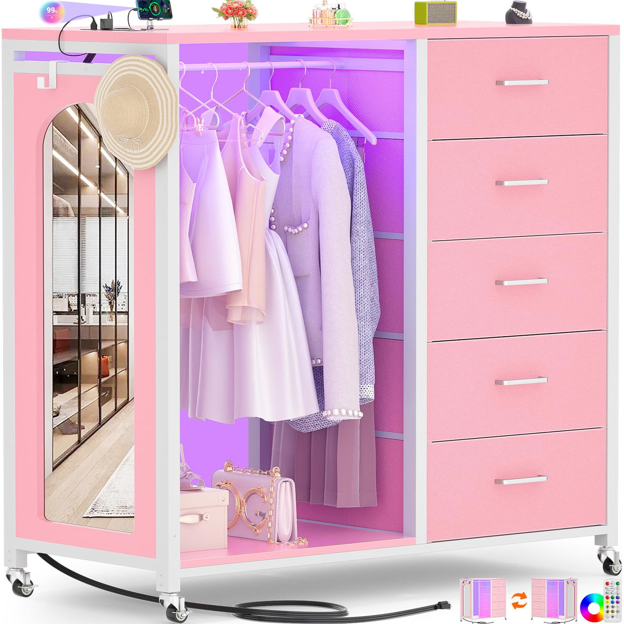 Cyclysio Dresser for Bedroom with Clothes Rack & Mirror, Pink 5 Drawers Dresser with Charging Station & LED Lights, Rolling Chest of Drawers with Wheels, Full Length Mirror, Wooden Top,Bedroom,Closet Cyclysio
