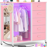 Cyclysio Dresser for Bedroom with Clothes Rack & Mirror, Pink 5 Drawers Dresser with Charging Station & LED Lights, Rolling Chest of Drawers with Wheels, Full Length Mirror, Wooden Top,Bedroom,Closet Cyclysio