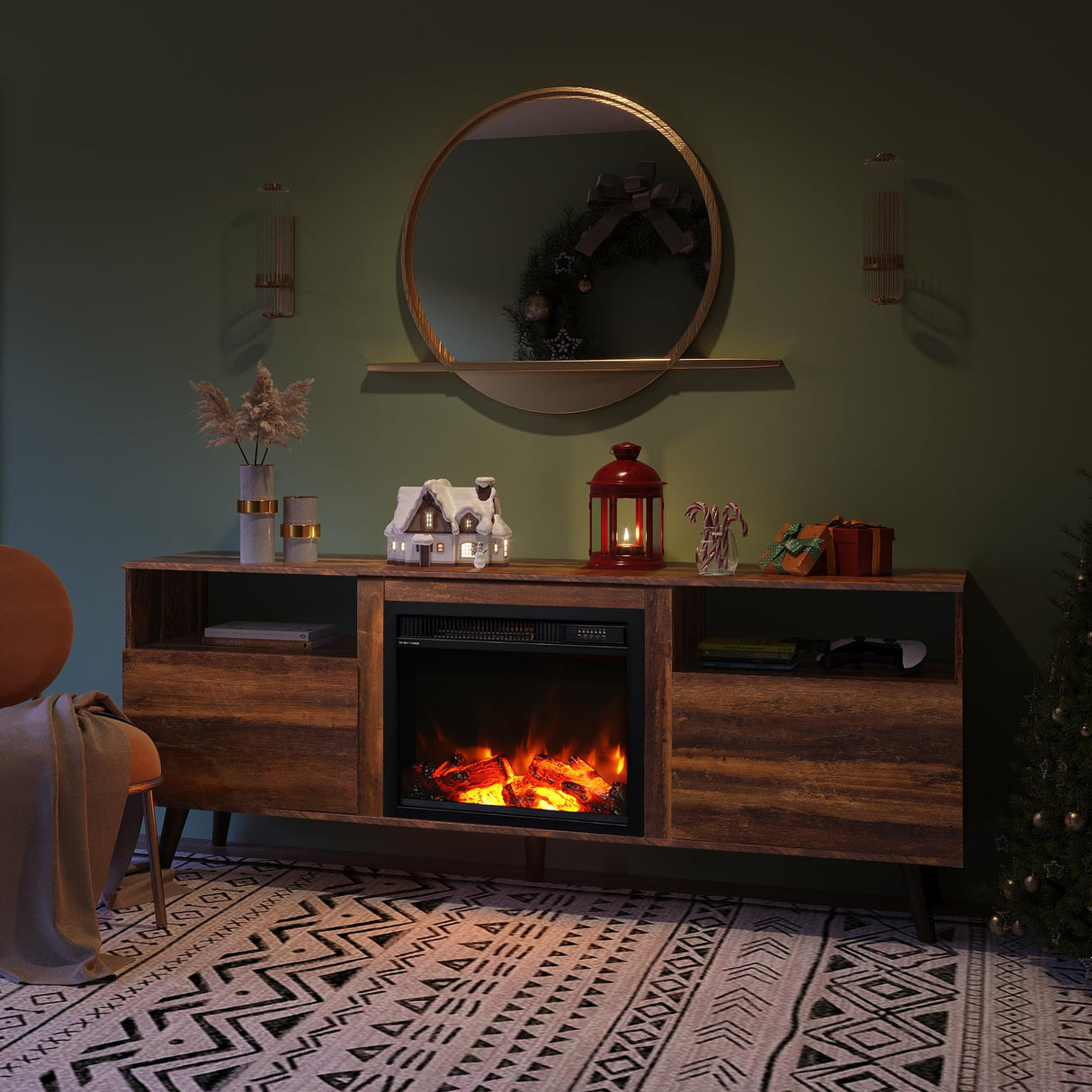 WLIVE TV Stand for 65 Inch TV, 58 Inch Entertainment Center with 18 Inch Electric Fireplace, Media Console with 2 Storage Cabinets for Living Room, Bedroom and Office, Rustic Brown WLIVE