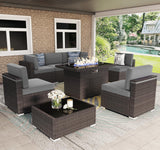 Vakollia 8 Pieces Patio Furniture Set with 44" Propane Gas Fire Pit Table, Outdoor Sectional Brown Rattan Wicker Conversation Sofa Sets with Coffee Table Vakollia