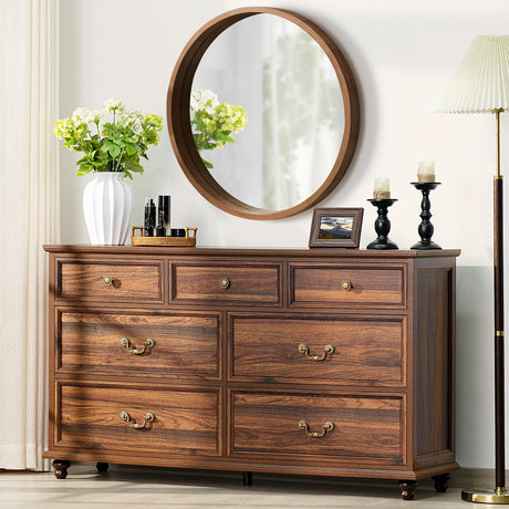 Joaxswe Farmhouse 54" 7 Drawers Dresser for Bedroom, Vintage Wood Chest of Drawers w/ 4 Wooden Legs, Wide Closet Storage Dressers Organizer for Hallway, Rustic Large TV Stand for Living Room, Brown Joaxswe