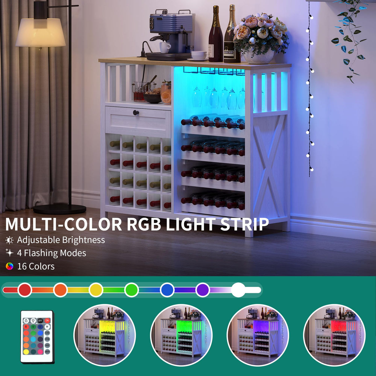 DWVO 47" LED-Illuminated Wine Bar Cabinet with Power Outlets - Modern Storage & Drawer in Washed White DWVO