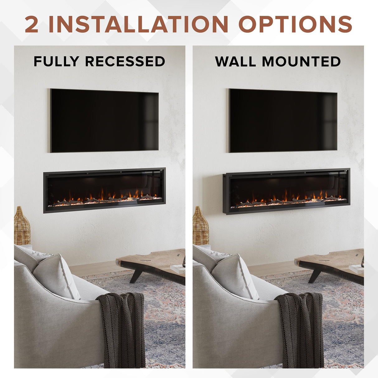 Modern Ember Aerus 72 Inch Smart Linear Electric Fireplace - Recessed in-Wall and Wall-Mount, Multiple Flame Colors, Compatible with Alexa and Google Assistant, Black Modern Ember