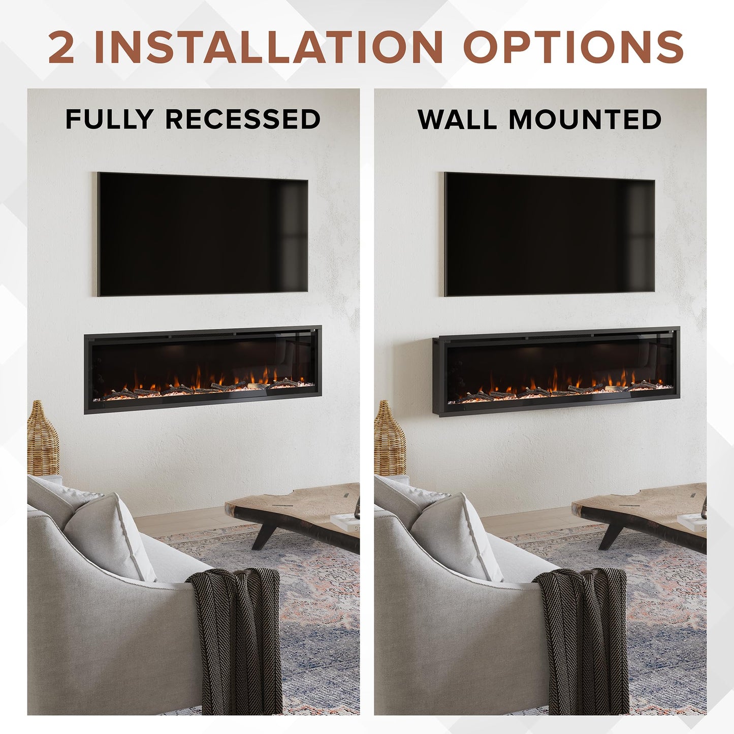 Modern Ember Aerus 72 Inch Smart Linear Electric Fireplace - Recessed in-Wall and Wall-Mount, Multiple Flame Colors, Compatible with Alexa and Google Assistant, Black