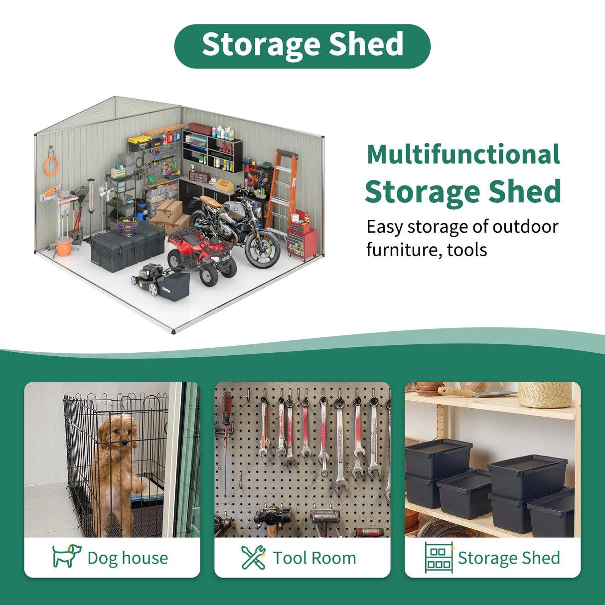 VIWAT 12x14 FT Outdoor Storage Shed, Metal Shed with Updated Frame Structure and Lockable Doors, Large Shed Upgrade Height Ideal for Garden, Backyard, Patio Utility and Tool Storage, White VIWAT