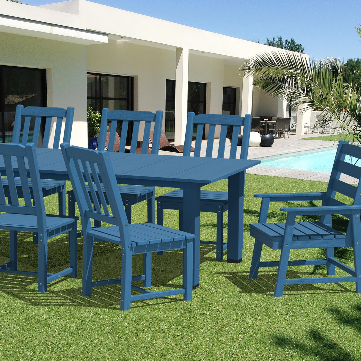 LOUNZY 9 Pieces Patio Dining Sets, Outdoor HDPE Furniture Set for 8 w/ 2" Hole Cut-Out Dining Table with 8 Patio Chairs(2 W/Armrest, 6 w/o Armrest), Navy LOUNZY