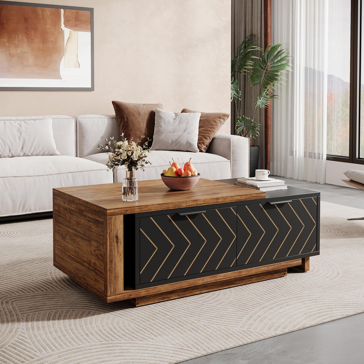 Tribesigns Extendable Coffee Table, 42"-65" Length Adjustable Reversible Wood Coffee Table with 2 Storage Drawers for Living Room, Large Long Rectangular Dual-Tone Center Table (Brown & Black) Tribesigns