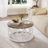 karlott Farmhouse Coffee Table, French Country Round Coffee Table, Coastal Coffee Table with Distressed Top, Boho Coffee Table with Curved Motif Frame Base for Living Room, Dining Room, Bedroom karlott