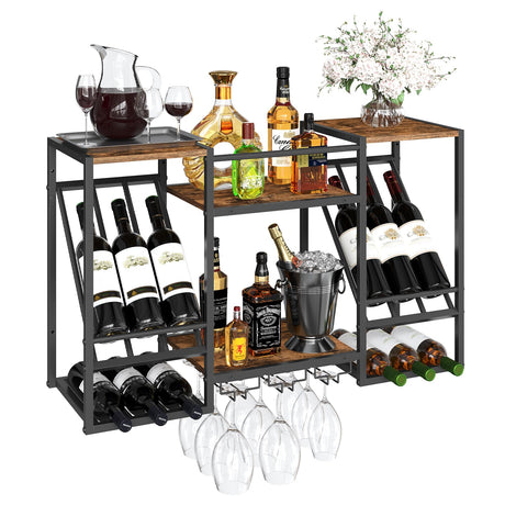 HOOBRO Wall Mounted Wine Rack, 3-Tier Wall Wine Rack, Floating Shelf with Wine Glass and Bottle Holders, Display Storage Shelf, for Dining Room, Kitchen, Living Room, Rustic Brown and Black BF23BJ01 HOOBRO