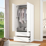 LABROSKIA Bedroom Armoire Wardrobe Closet with 2 Doors: 75" White Wooden Closet with 2 Drawers, Modern Large Wardrobe Closet for Hanging Clothes, Cabinet for Clothes(Contemporary, 1) LABROSKIA