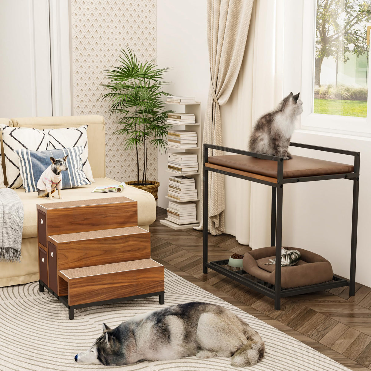 Dog Window Perch, Dog Bed and Dog Stairs, Dog Cot with 3-Tier Dog Steps, Wood Pet Stairs w/Raised Dog Bed, Bunk and Pet Steps with Storage Drawers,Cat Window Perch, Dog Perch to Look Out Window EazeHome