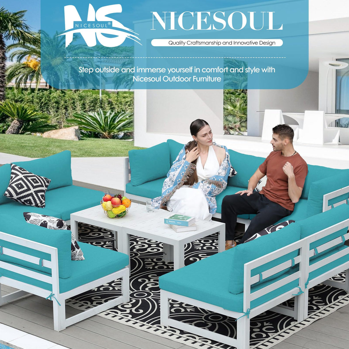 NICESOUL 10 Piece Oversized Modern Aluminum Patio Furniture Set, All Weather Rust Resistant Modular Sectional Sofa with Side Table, 500 lbs Heavy Duty Comfortable Outdoor Couch for Backyard Lawn, Teal NICESOUL
