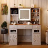 Halitaa Farmhouse Vanity Desk with Mirror and Lights,White Makeup Vanity with 5 Drawers & Hidden Storage,Rustic Large Dressing Table with Charing Station & Shelves for Bedroom Halitaa
