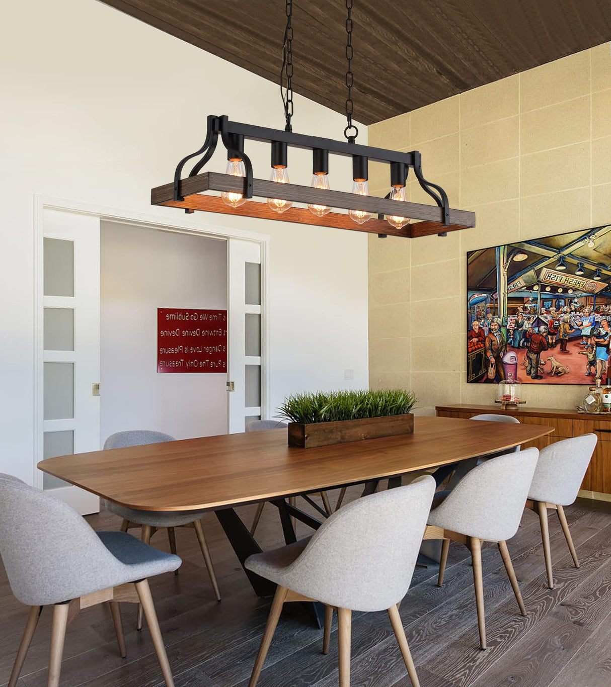 MEIXISUE Rustic Kitchen Island Dining Room Light Fixture Farmhouse Linear Chandelier Black and Retro Wood Finish 5-Light Industrial Metal Hanging Pendant Light UL Listed L33.5 W10.6 MEIXISUE