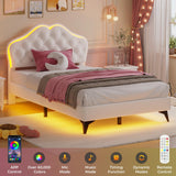 ADORNEVE Twin Bed Frame with RGB LED Lights, Princess Bed Frame with Adjustable Crystal Button Headboard, Velvet Upholstered Platform Bed for Girls, Solid Wooden Slats, Easy Assembly, Creamy White ADORNEVE