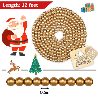 Christmas Wooden Bead Garland 12 Feet, Gold Christmas Wood Bead Garland, Gold Bead Garland for Christmas Tree Decorations, Christmas Xmas Holiday Favors