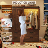 Farmhouse 2 Doors Armoire Wardrobe Closet w/Folding Sliding Barn Door and Lights, LED Armoire Closet w/Drawers for Bedroom, Freestanding Wooden Wardrobe Storage Closet w/Hanging Rod,Rustic Brown jiteentarou