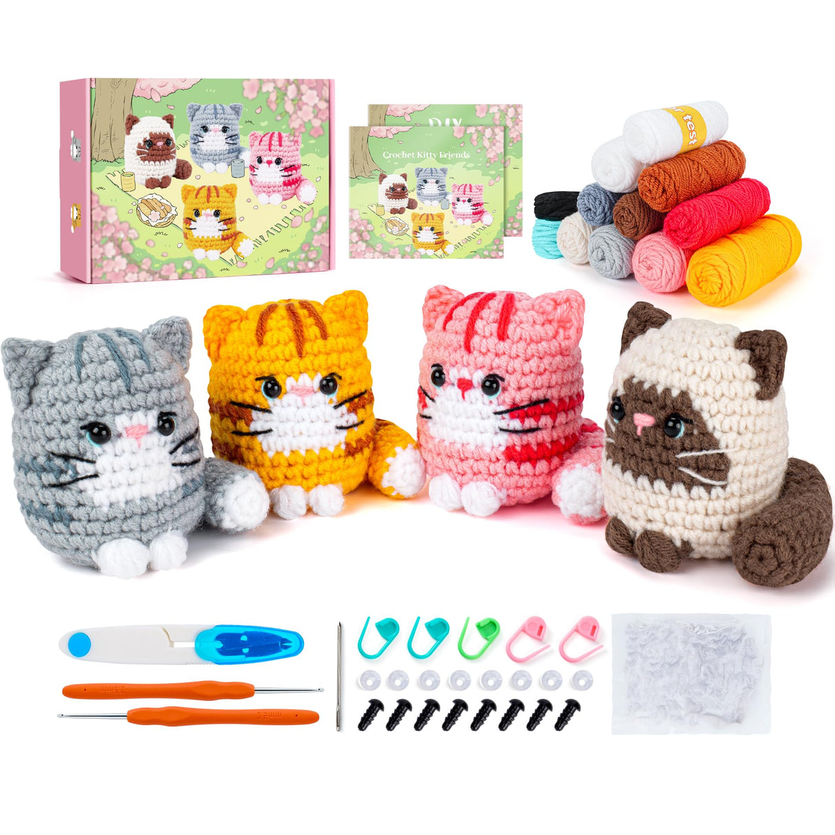 Crochet Kit for Beginners -4 PCS Cat Crochet Kit with Step-by-Step Video Tutorials, Learn to Crochet Kits for Adults and Kids, Beginner Crochet Kit for Adults, Crochet Cat Friends Set Fortuning's JDS