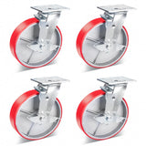 Nefish 8 Inch Industrial Casters Set of 4, Heavy Duty Casters with Brake 6000 Lbs, No Noise Polyurethane Wheel on Steel Hub, Swivel Plate Caster Wheels for Toolbox Workbench (4 Swivel & Brakes) Nefish