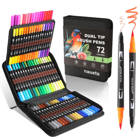 nauets Double Brush Marker Pens,72 Colors Markers Set,Double Tip Brush Pens Art Markers for Kids Adult Coloring Book Hand Lettering Journaling Note Calligraphy Drawing Art Supplies Kit nauets