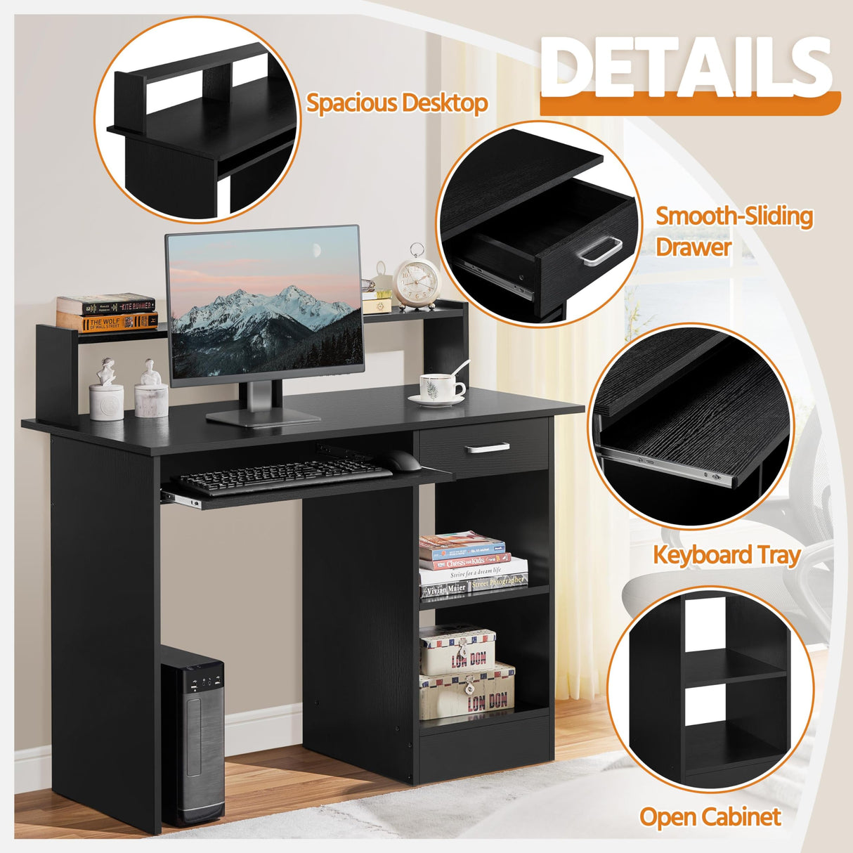 Yaheetech Home Office Wood Computer Desk with Drawers and Pull-Out Keyboard Tray, Study Writing Desk PC Laptop Table with Hutch and Storage Shelves, Modern Workstation, Black Yaheetech