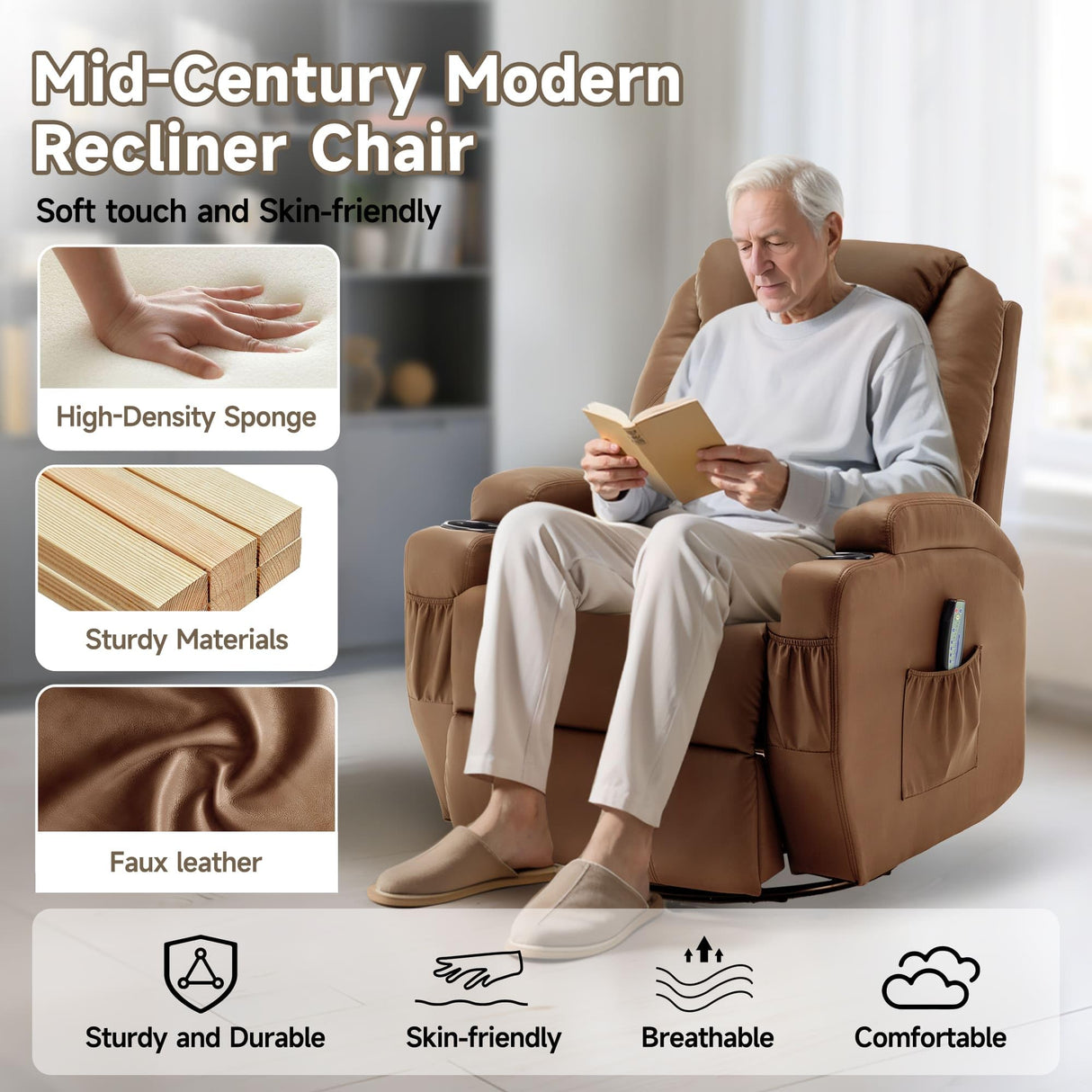 Korser Recliner Chair, Rocking Chair with Massage and Heat, 360° Swivel Recliner Chairs for Adults, Rocker Manual Recliner with Remote Control and Cup Holder for Living Room, Bedroom, Nursery Korser