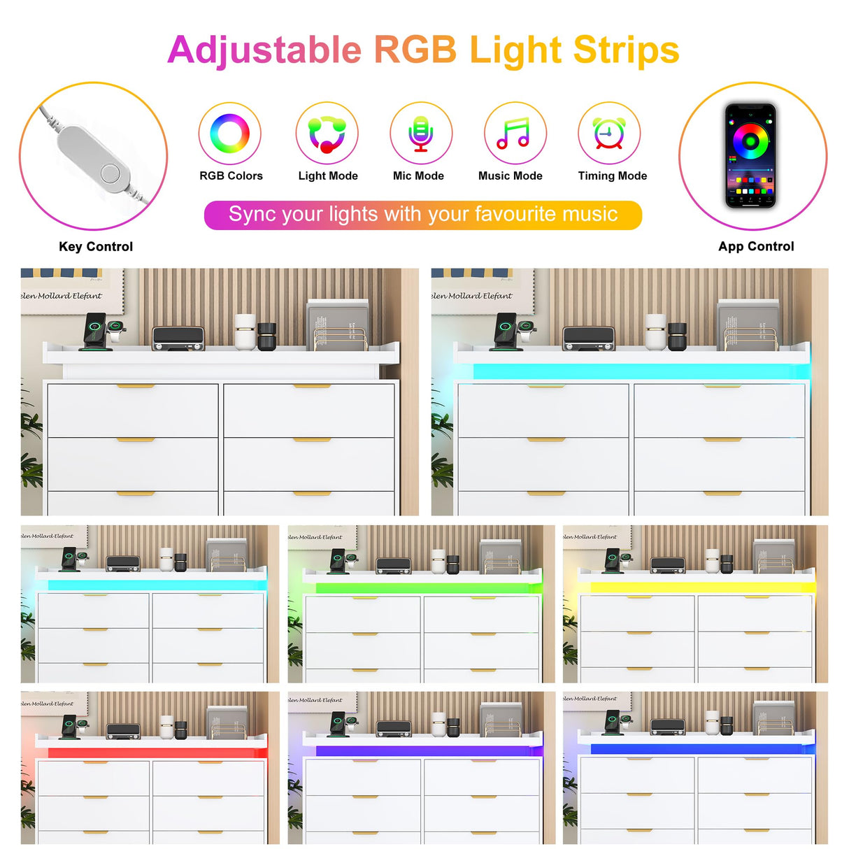 knoworld 8 Drawer Dressers for Bedroom, White Dresser with LED Lights and Power Outlet, Wood LED Dresser, Double Wide Modern Chest of Drawers for Bedroom, Entryway, Hallway knoworld