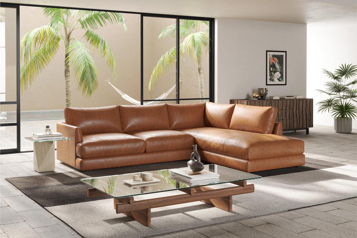 Valencia Serena 108" Cognac Tan Brown Full Leather Sectional Sofa with Right Chaise | Nappa 11000 Leather, Modern Low Profile Lounge Sofa | L Shaped Couch for Living Room Furniture VALENCIA THEATER SEATING