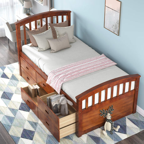 Merax Walnut Twin Size Solid Wood Platform Bed with 6 Storage Drawers Merax